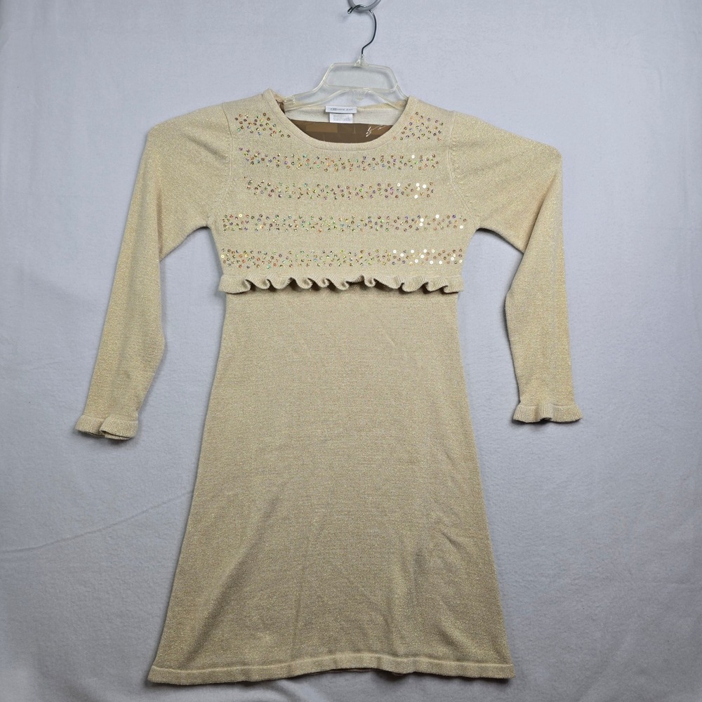 Girls Bonnie Jean Gold Sparkle Sequin Ruffle Long Sleeve Knit Dress 16 christmas